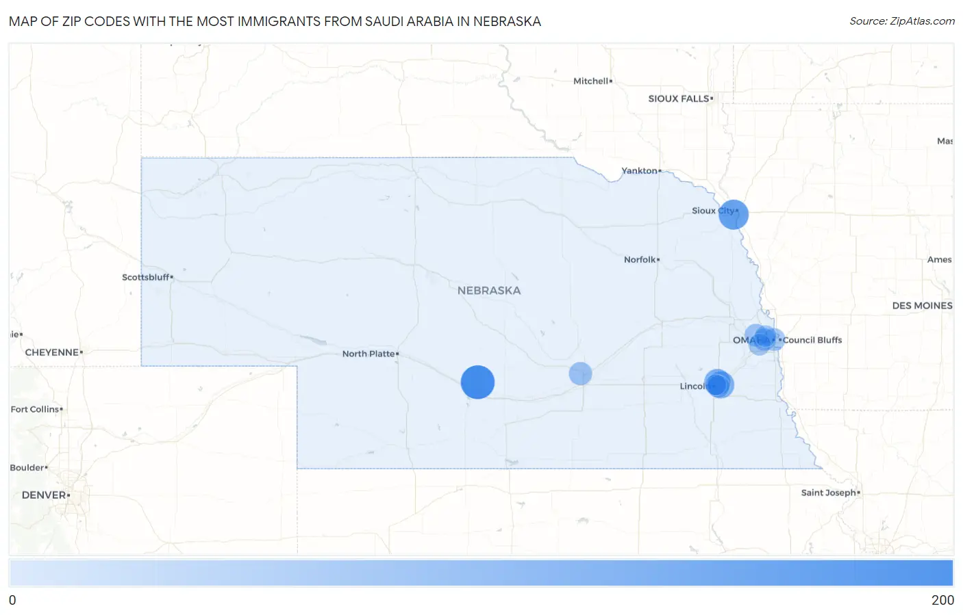 Zip Codes with the Most Immigrants from Saudi Arabia in Nebraska Map