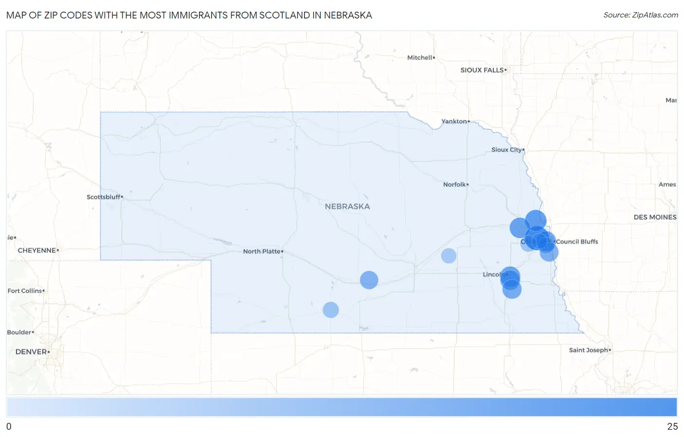 Zip Codes with the Most Immigrants from Scotland in Nebraska Map