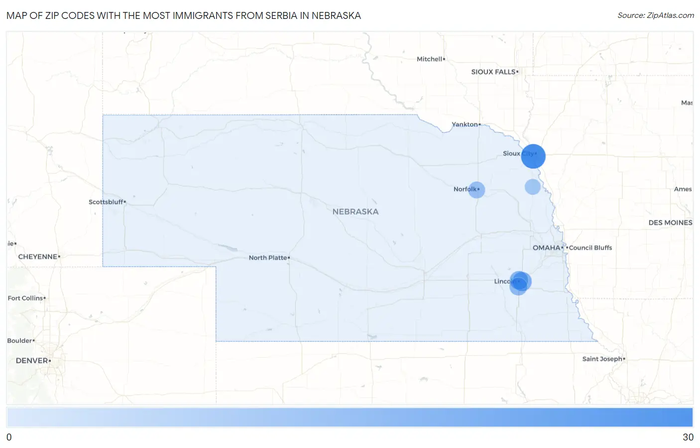 Zip Codes with the Most Immigrants from Serbia in Nebraska Map