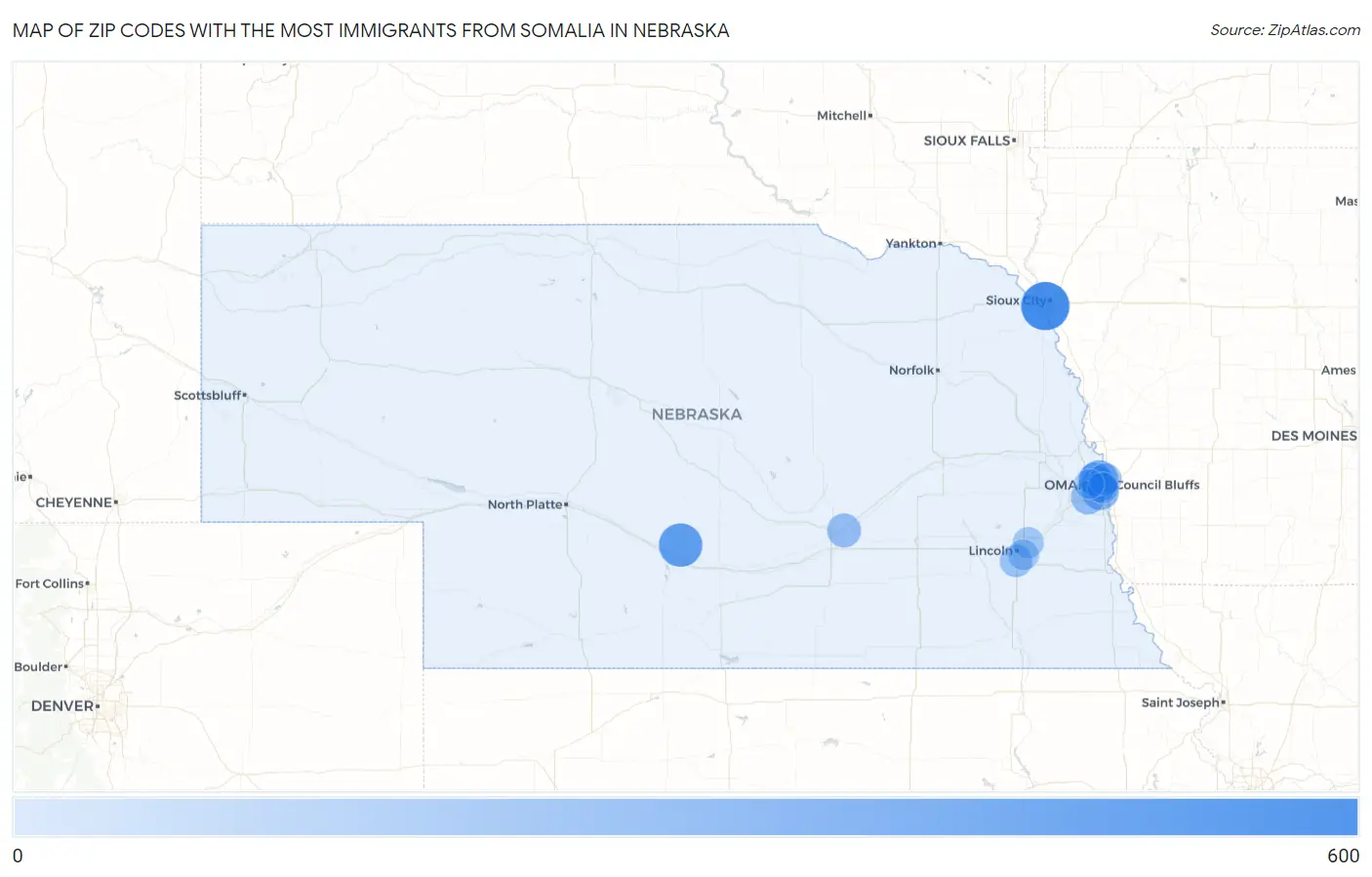 Zip Codes with the Most Immigrants from Somalia in Nebraska Map