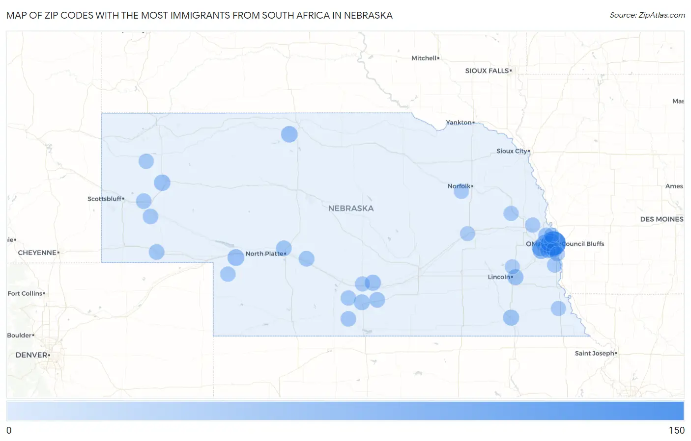 Zip Codes with the Most Immigrants from South Africa in Nebraska Map