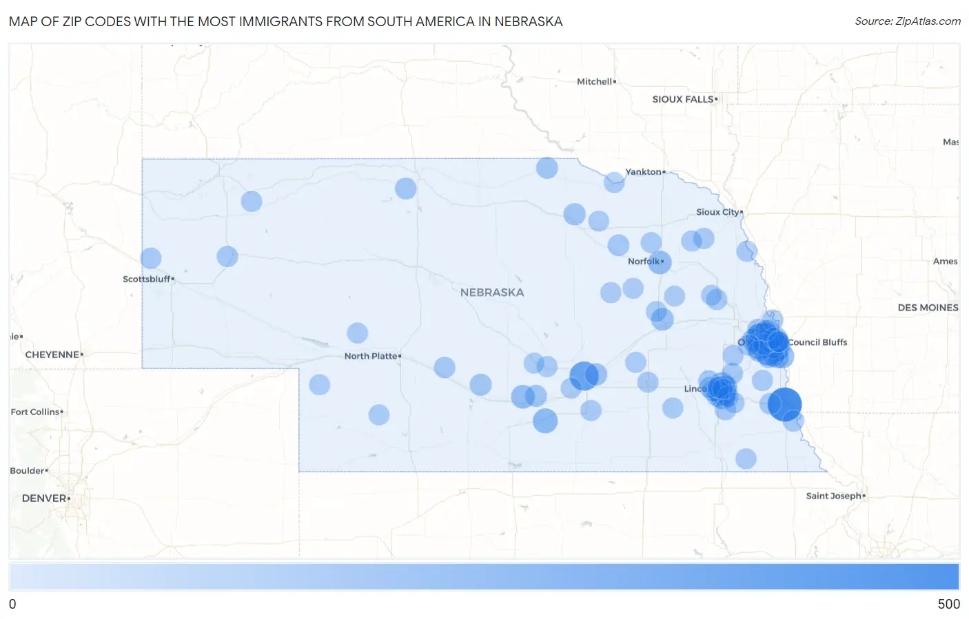 Zip Codes with the Most Immigrants from South America in Nebraska Map