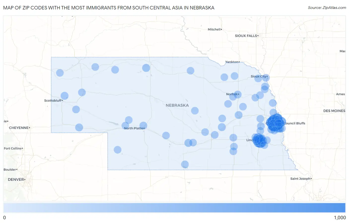 Zip Codes with the Most Immigrants from South Central Asia in Nebraska Map