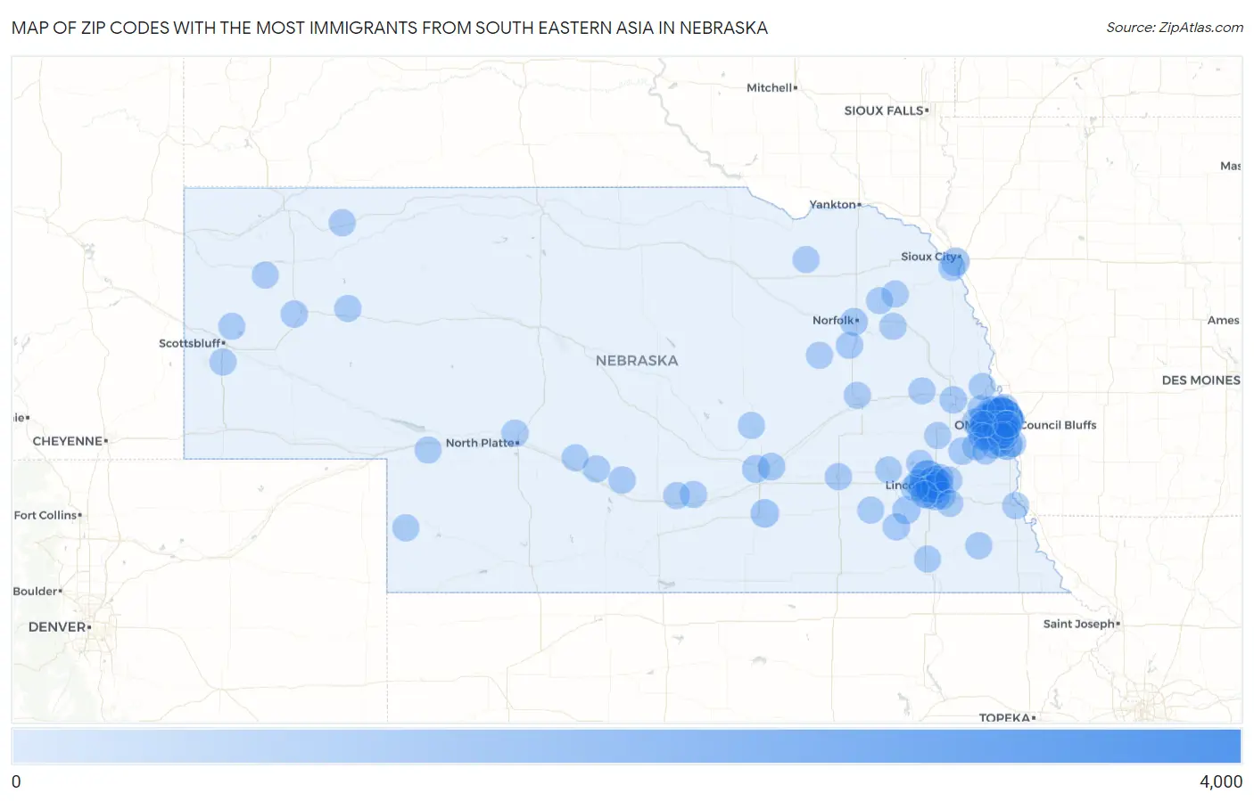 Zip Codes with the Most Immigrants from South Eastern Asia in Nebraska Map