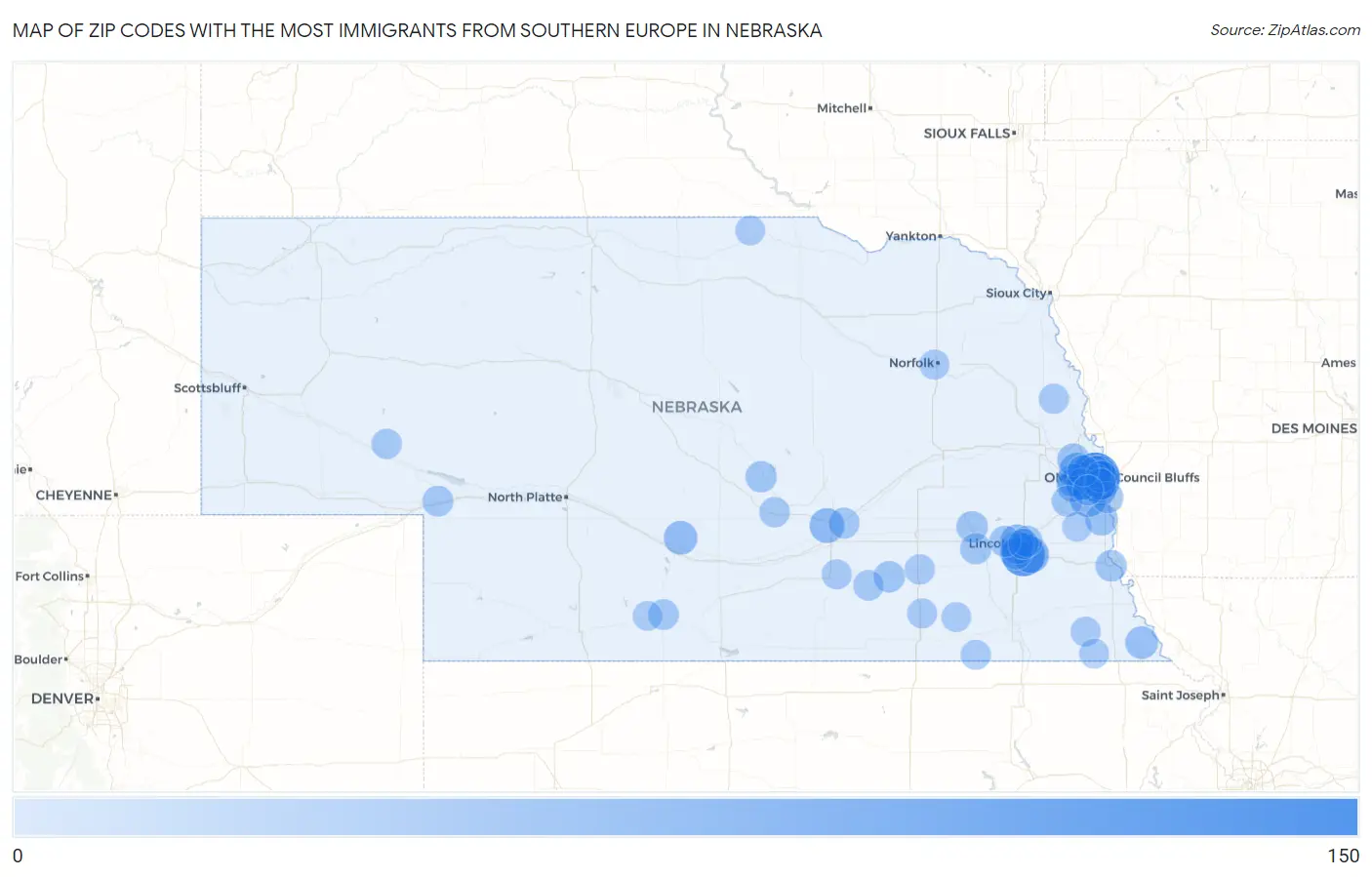Zip Codes with the Most Immigrants from Southern Europe in Nebraska Map