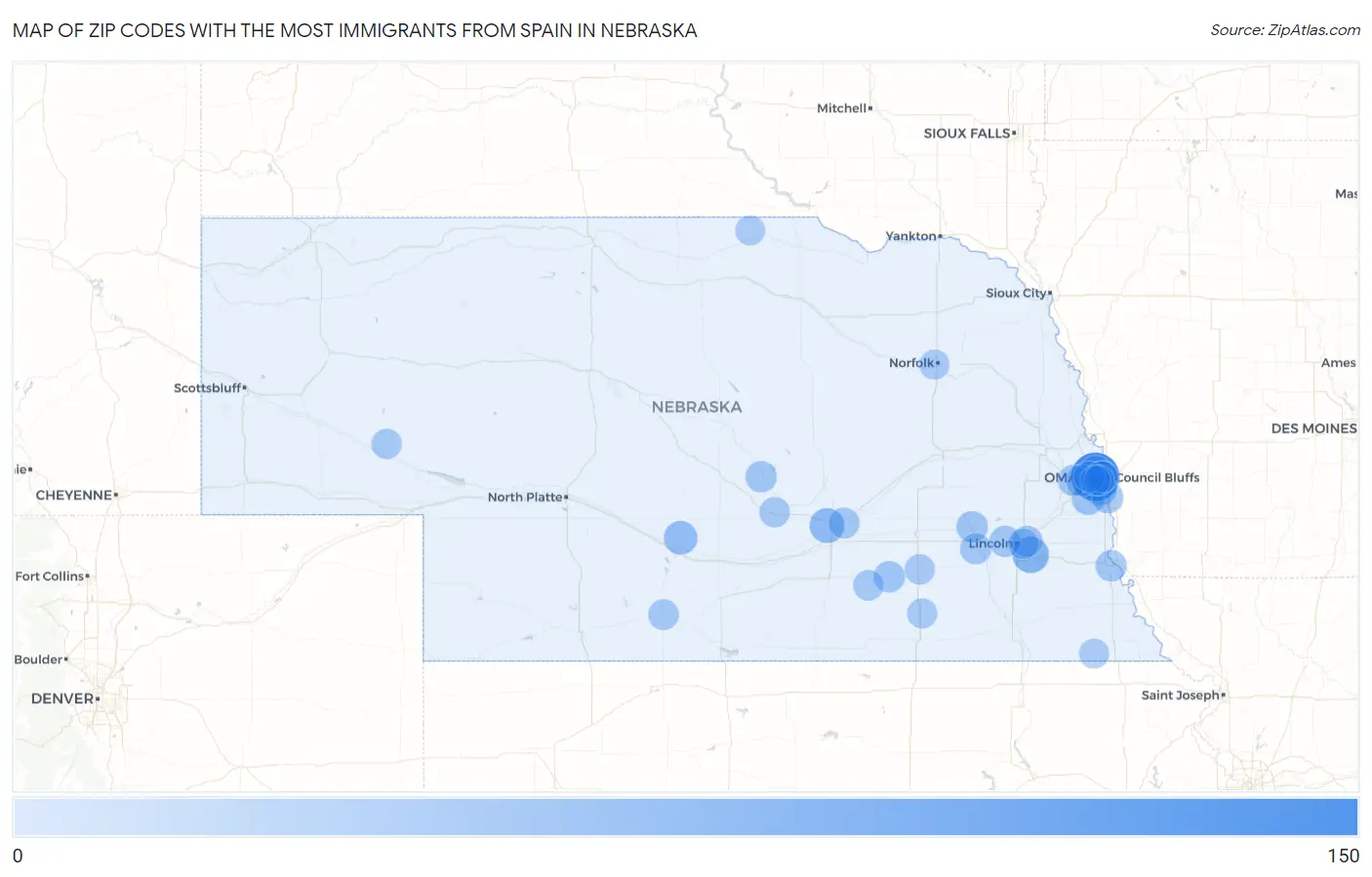 Zip Codes with the Most Immigrants from Spain in Nebraska Map