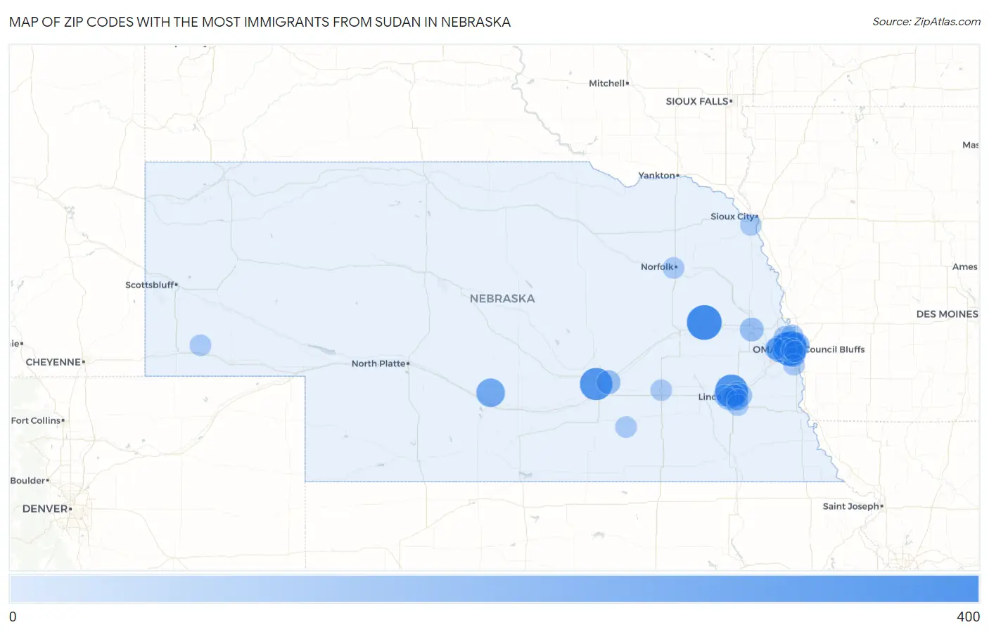 Zip Codes with the Most Immigrants from Sudan in Nebraska Map