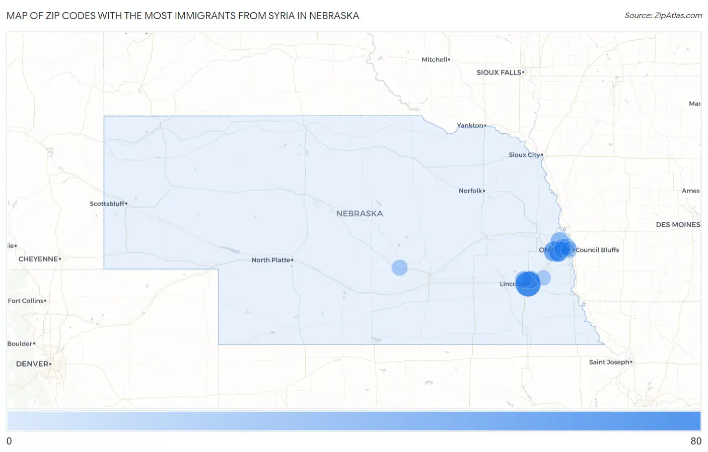 Zip Codes with the Most Immigrants from Syria in Nebraska Map