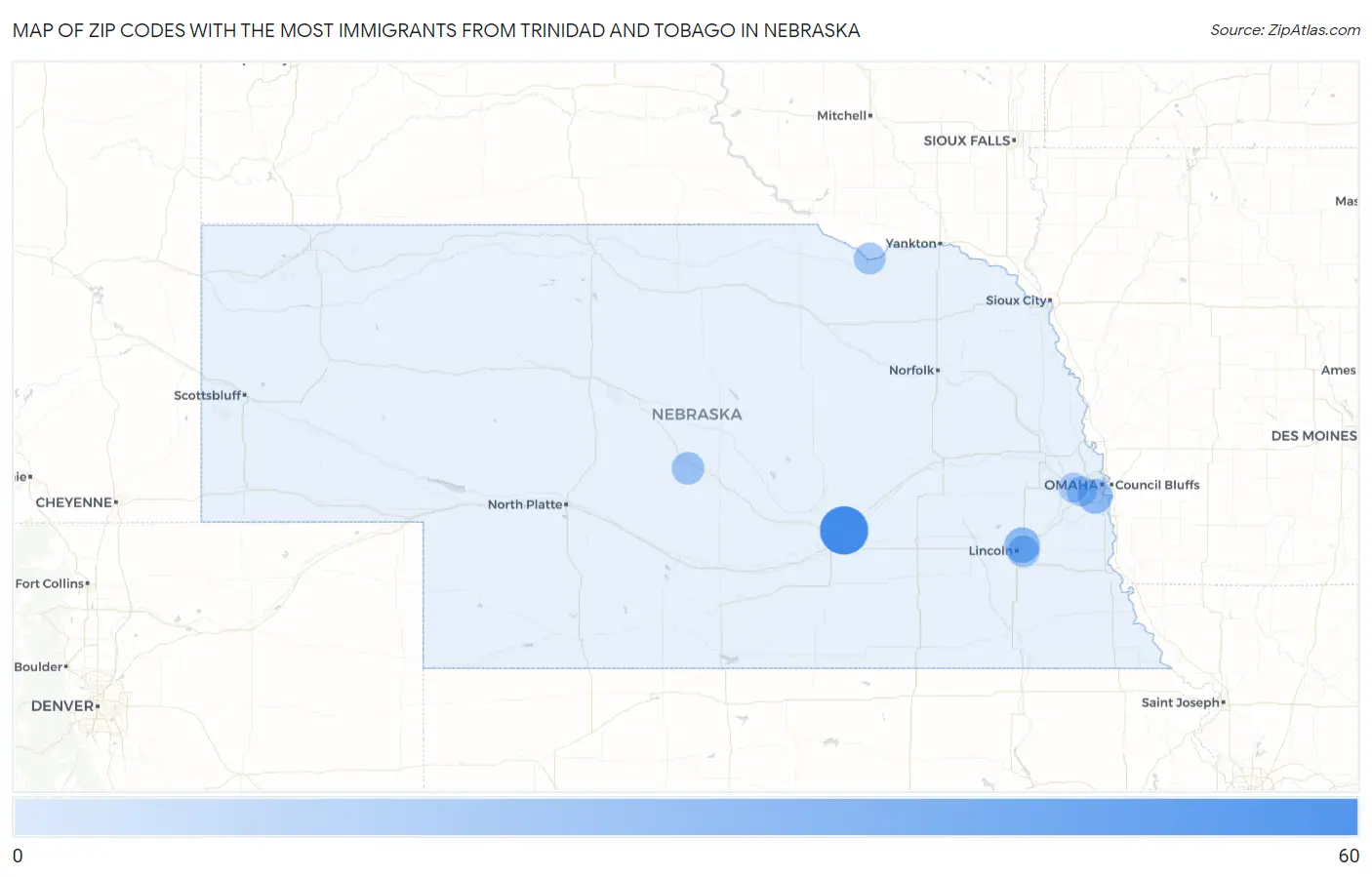 Zip Codes with the Most Immigrants from Trinidad and Tobago in Nebraska Map