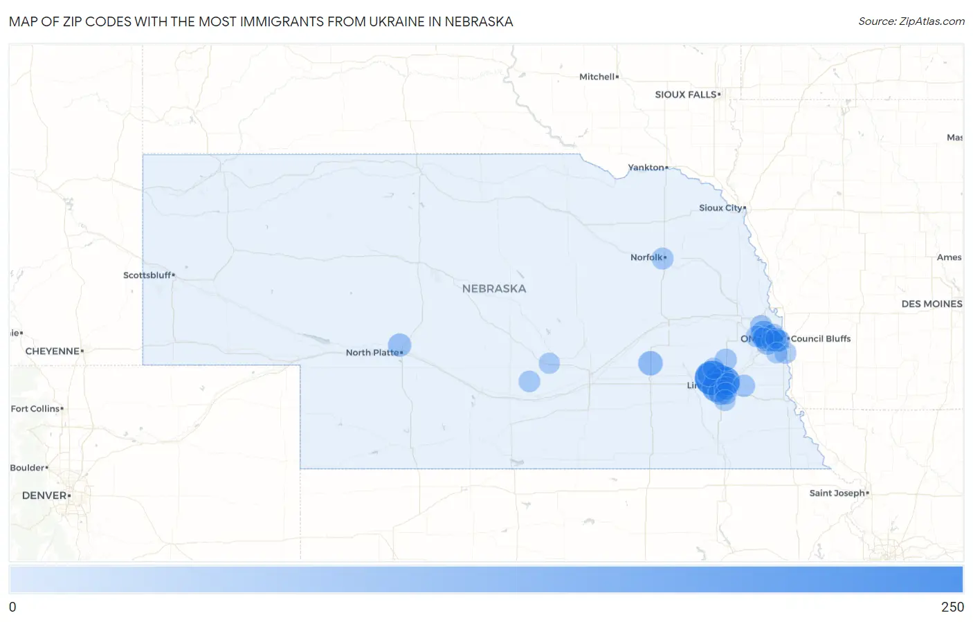 Zip Codes with the Most Immigrants from Ukraine in Nebraska Map
