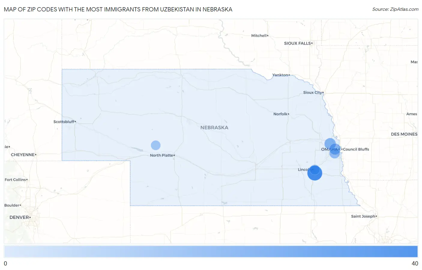 Zip Codes with the Most Immigrants from Uzbekistan in Nebraska Map