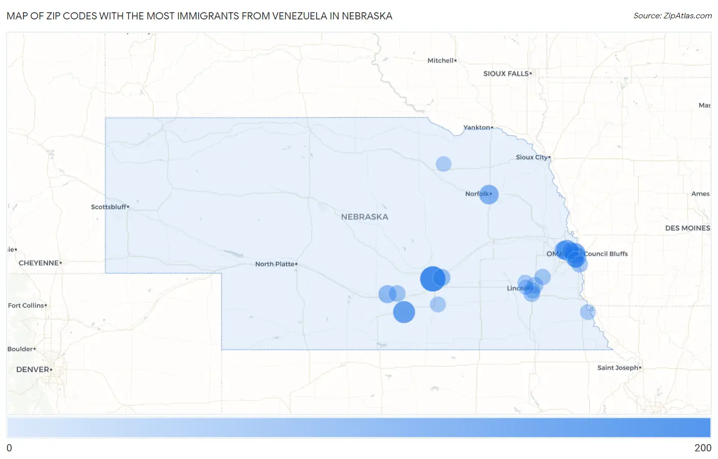 Zip Codes with the Most Immigrants from Venezuela in Nebraska Map