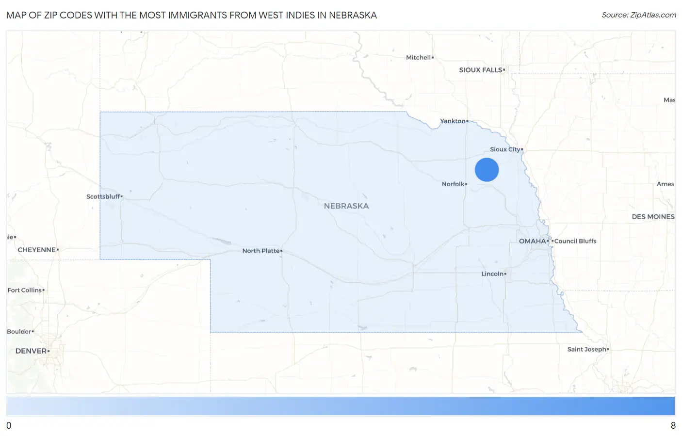 Zip Codes with the Most Immigrants from West Indies in Nebraska Map