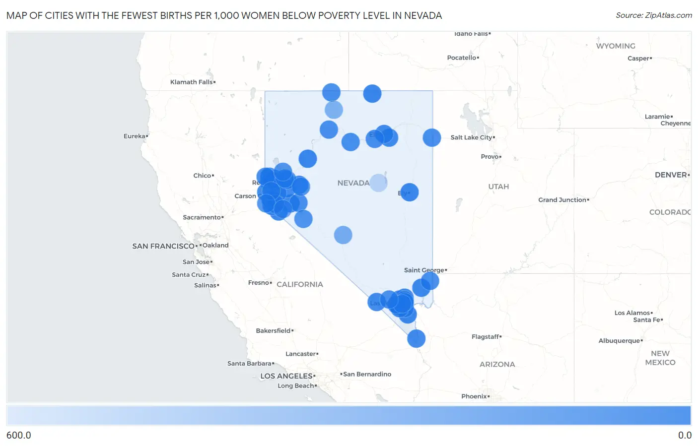 Cities with the Fewest Births per 1,000 Women Below Poverty Level in Nevada Map