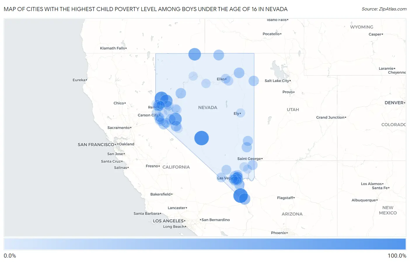 Cities with the Highest Child Poverty Level Among Boys Under the Age of 16 in Nevada Map
