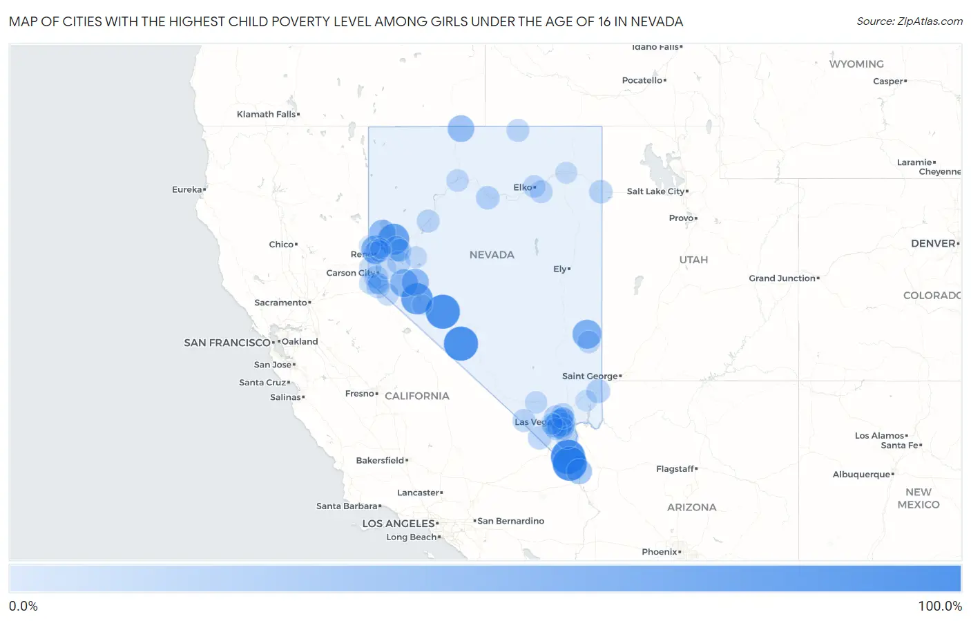 Cities with the Highest Child Poverty Level Among Girls Under the Age of 16 in Nevada Map