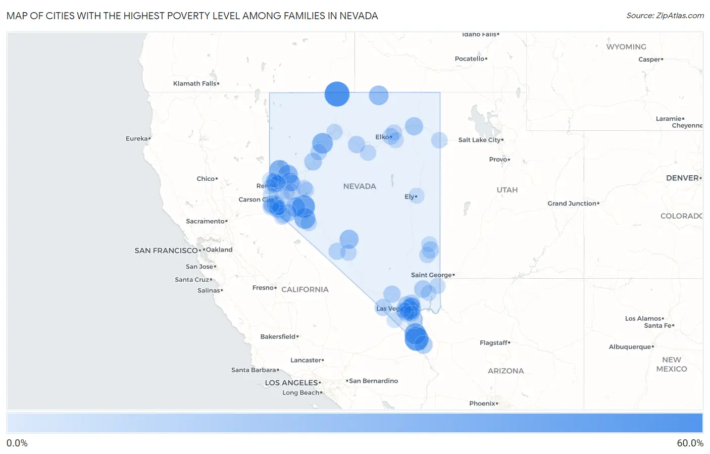 Cities with the Highest Poverty Level Among Families in Nevada Map