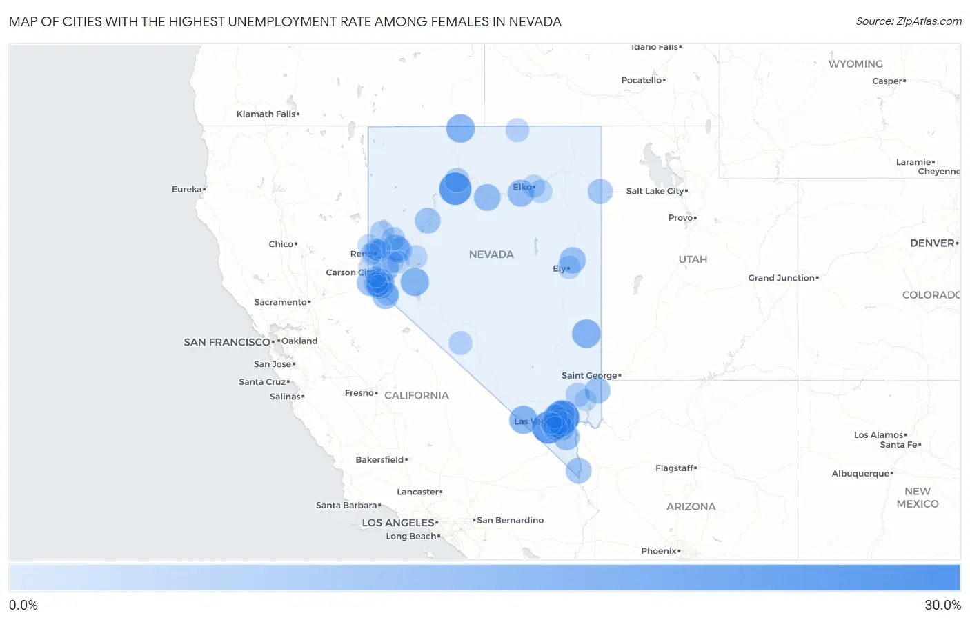 Cities with the Highest Unemployment Rate Among Females in Nevada Map