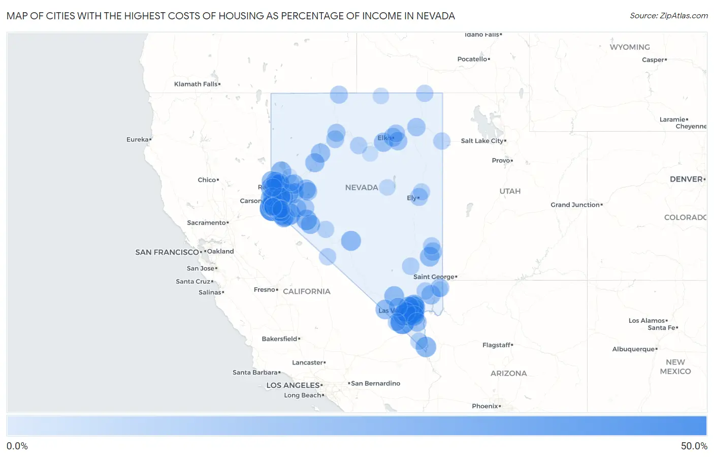 Cities with the Highest Costs of Housing as Percentage of Income in Nevada Map