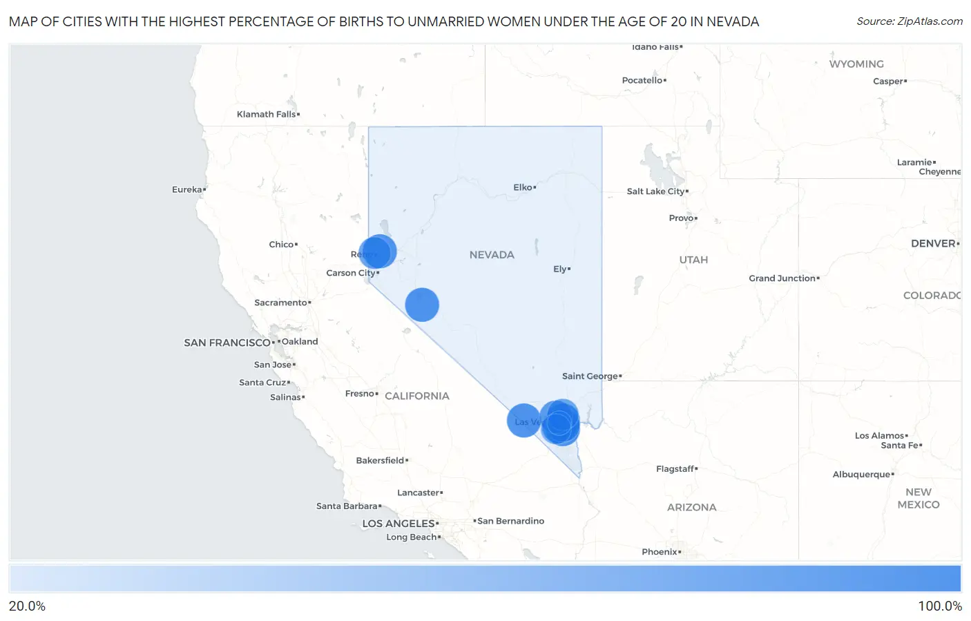 Cities with the Highest Percentage of Births to Unmarried Women under the Age of 20 in Nevada Map