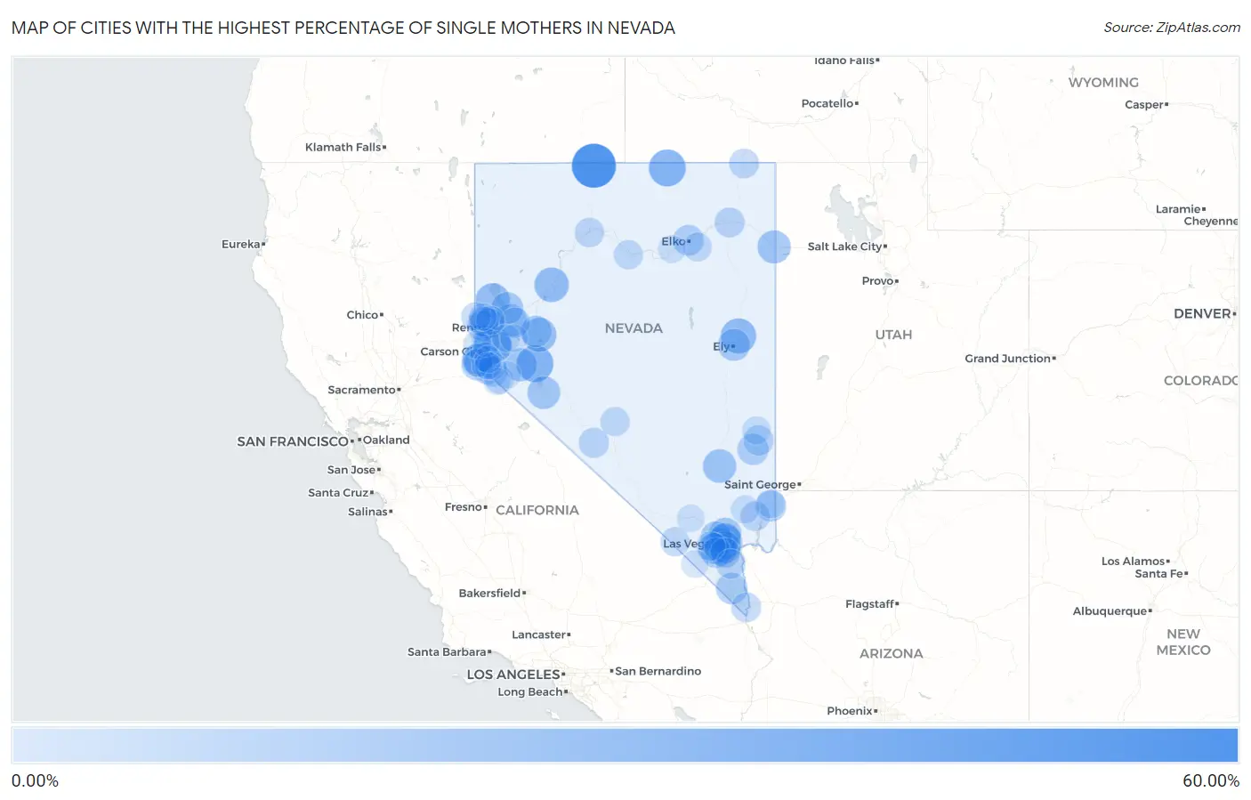 Cities with the Highest Percentage of Single Mothers in Nevada Map