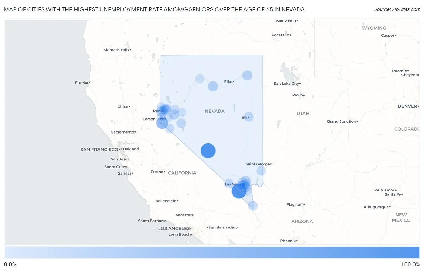 Cities with the Highest Unemployment Rate Amomg Seniors Over the Age of 65 in Nevada Map