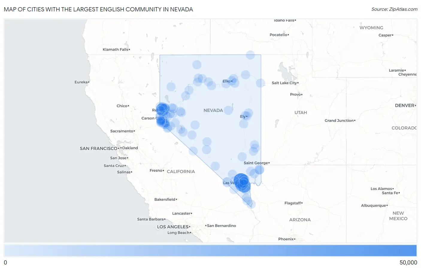 Cities with the Largest English Community in Nevada Map