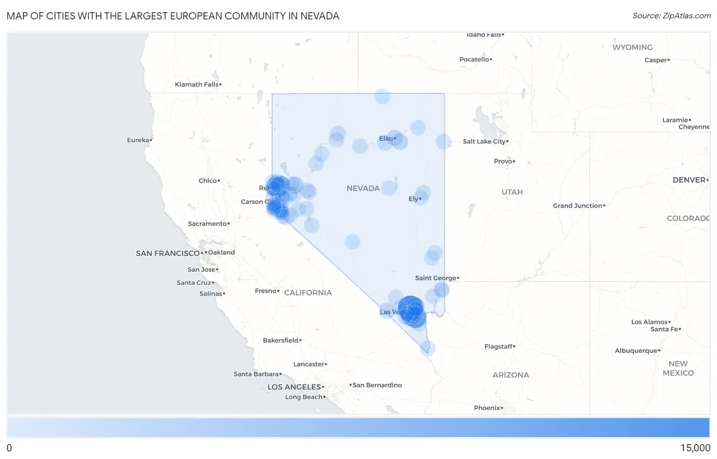 Cities with the Largest European Community in Nevada Map