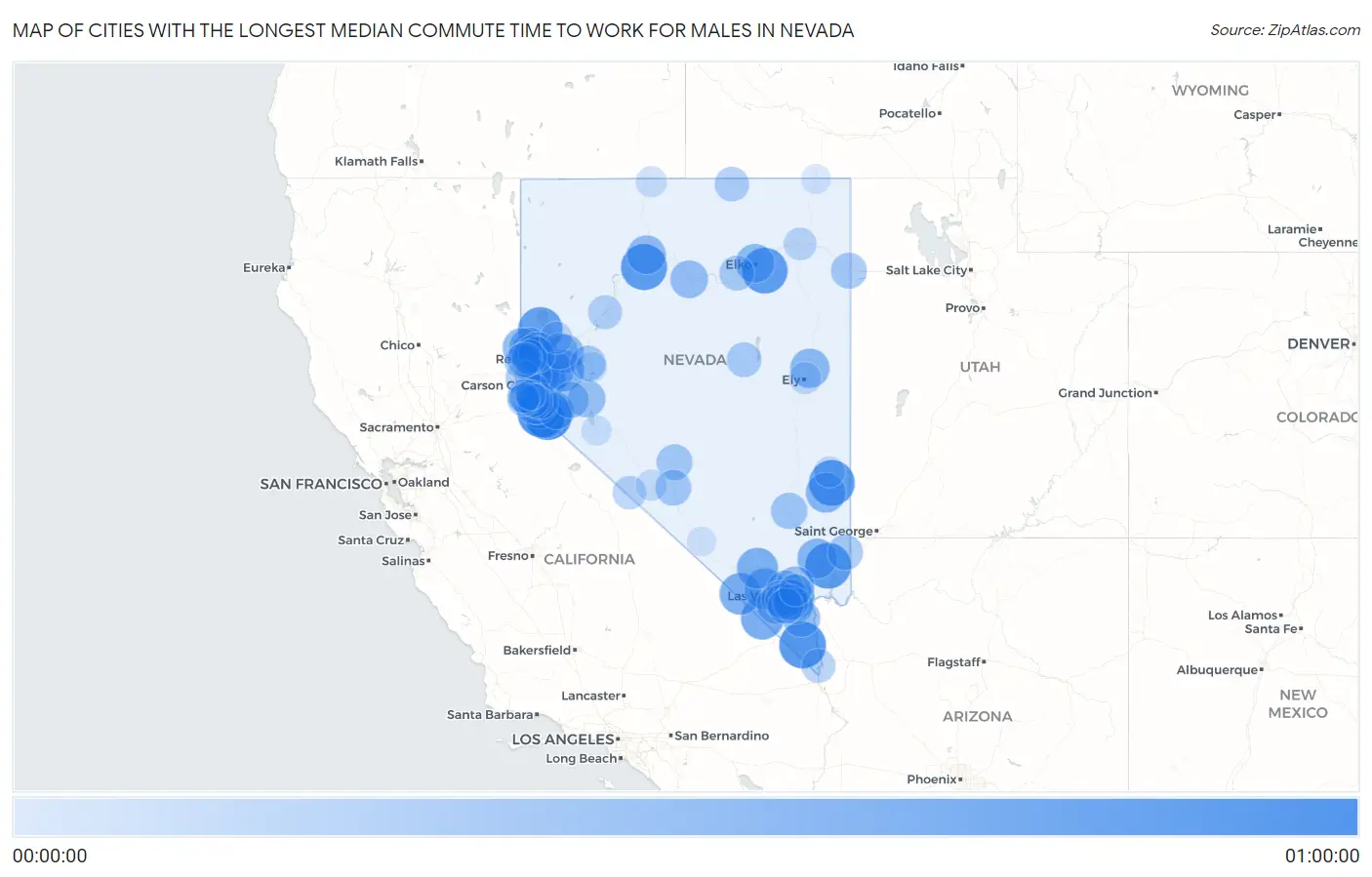 Cities with the Longest Median Commute Time to Work for Males in Nevada Map