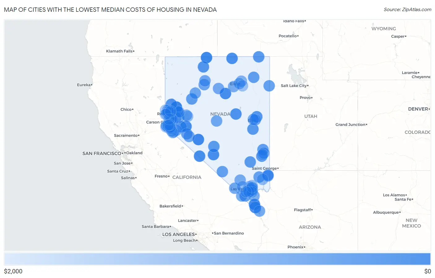 Cities with the Lowest Median Costs of Housing in Nevada Map