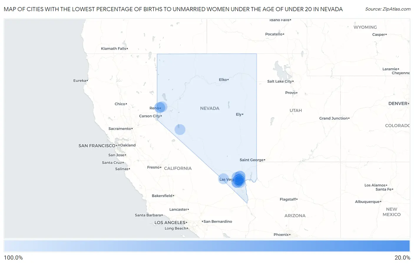 Cities with the Lowest Percentage of Births to Unmarried Women under the Age of under 20 in Nevada Map