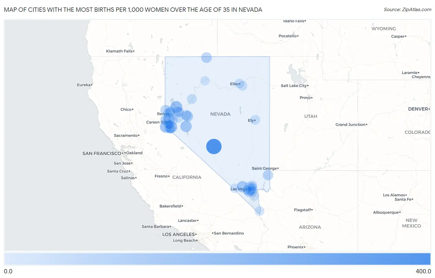 Cities with the Most Births per 1,000 Women Over the Age of 35 in Nevada Map