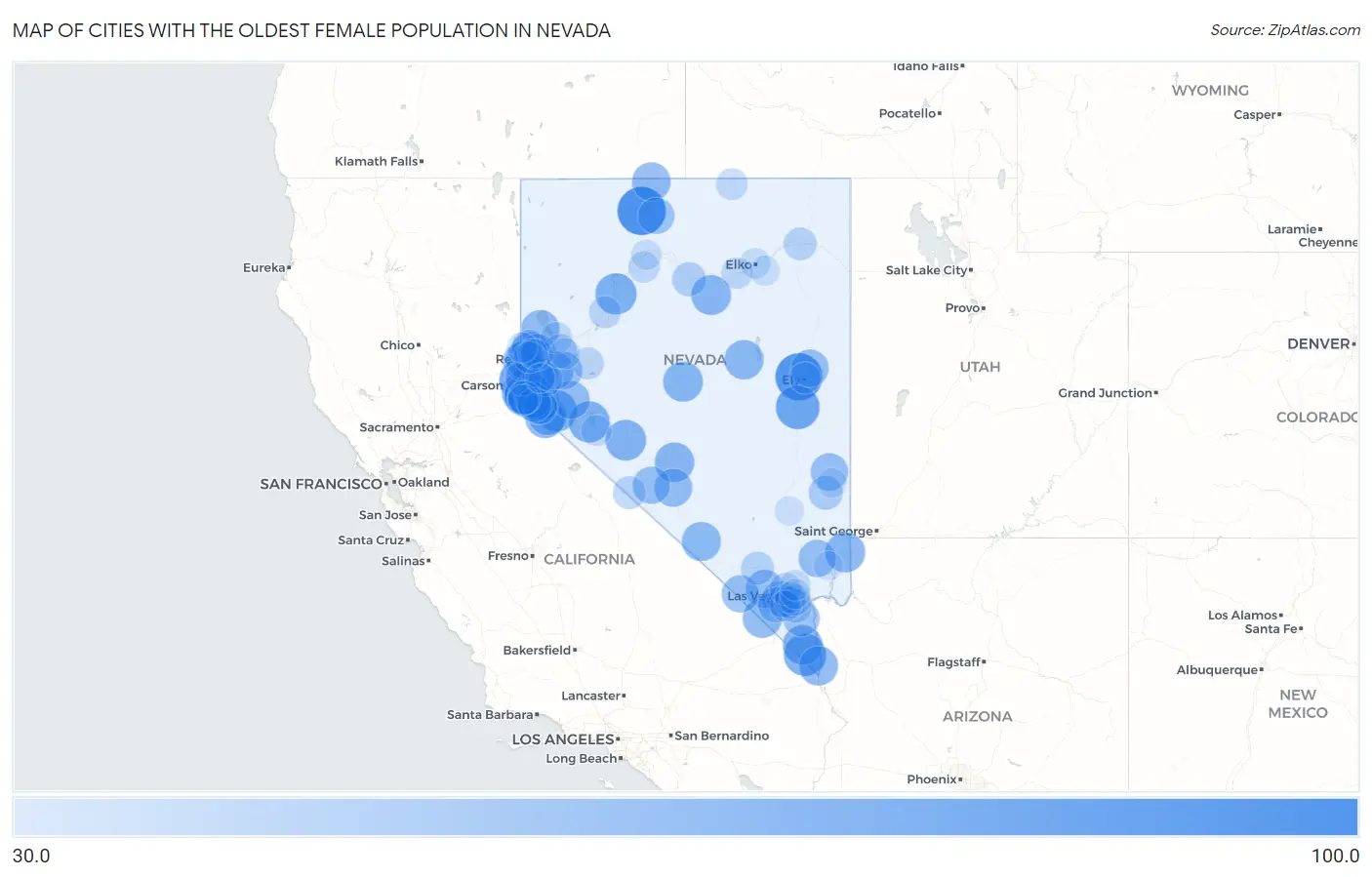 Cities with the Oldest Female Population in Nevada Map