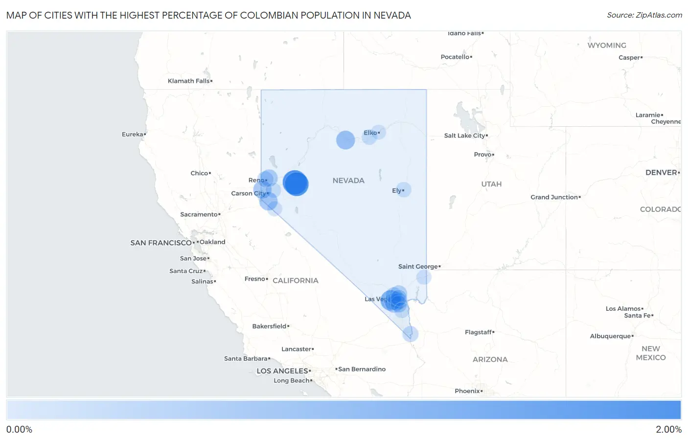 Cities with the Highest Percentage of Colombian Population in Nevada Map