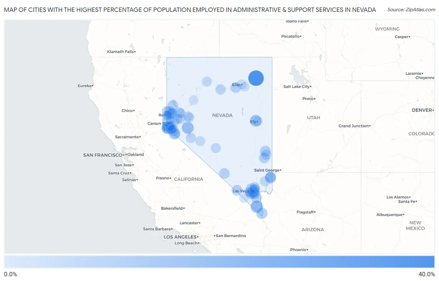 Cities with the Highest Percentage of Population Employed in Administrative & Support Services in Nevada Map