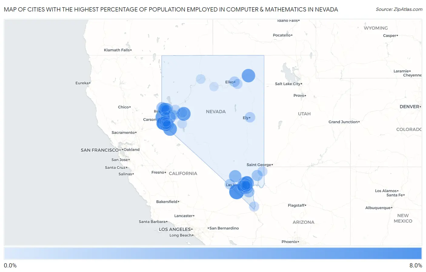 Cities with the Highest Percentage of Population Employed in Computer & Mathematics in Nevada Map
