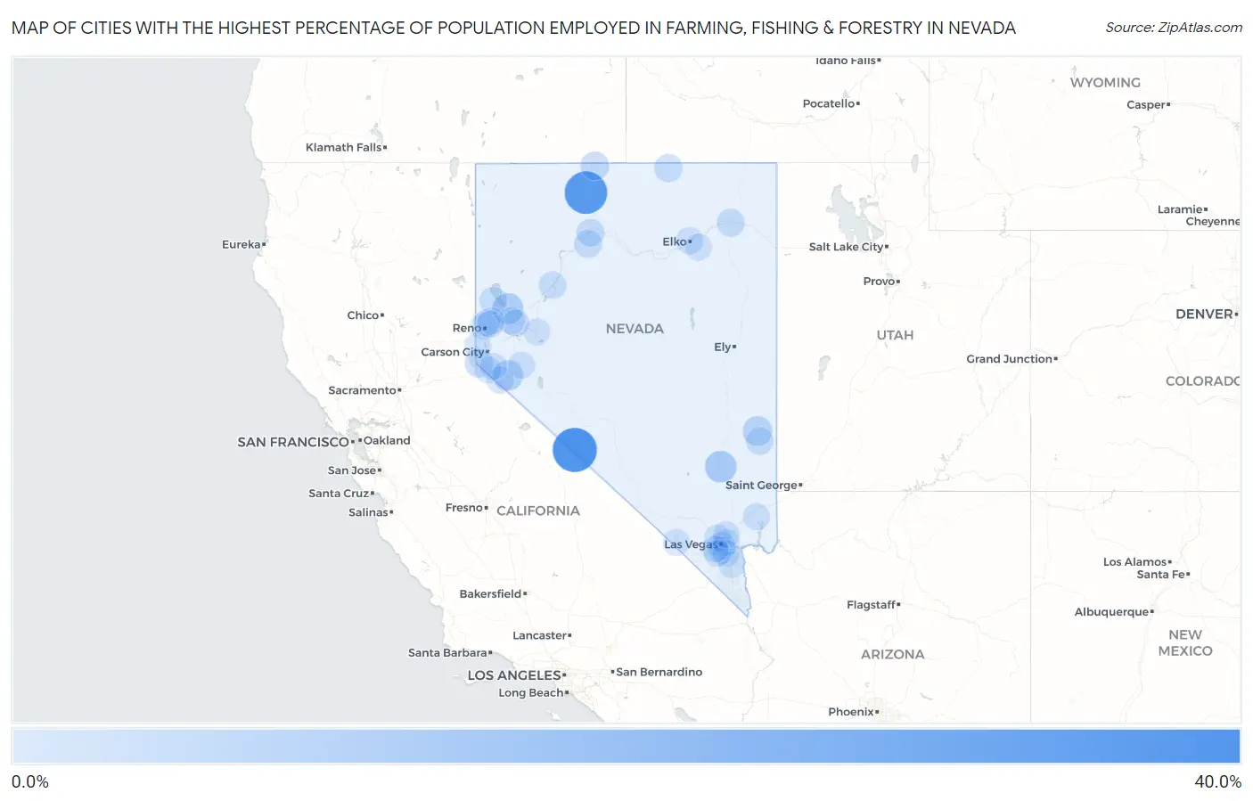 Cities with the Highest Percentage of Population Employed in Farming, Fishing & Forestry in Nevada Map