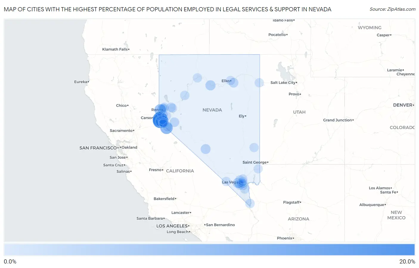 Cities with the Highest Percentage of Population Employed in Legal Services & Support in Nevada Map
