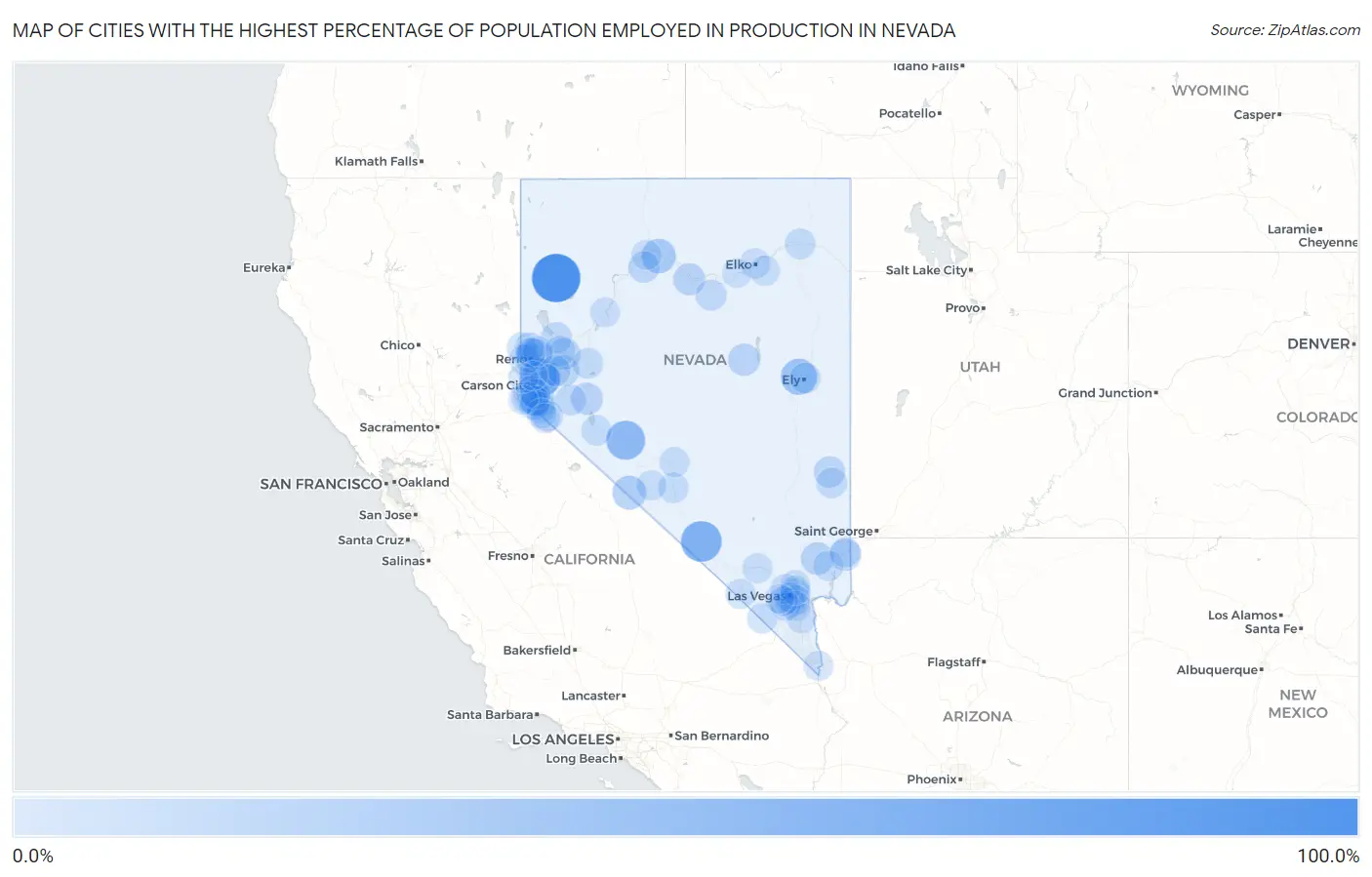 Cities with the Highest Percentage of Population Employed in Production in Nevada Map