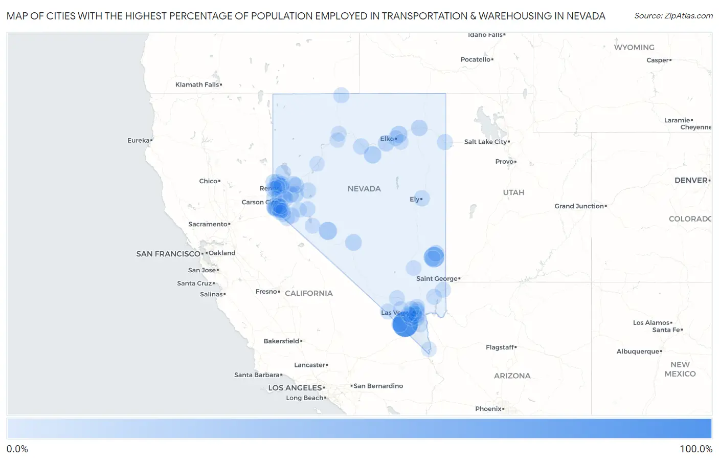Cities with the Highest Percentage of Population Employed in Transportation & Warehousing in Nevada Map