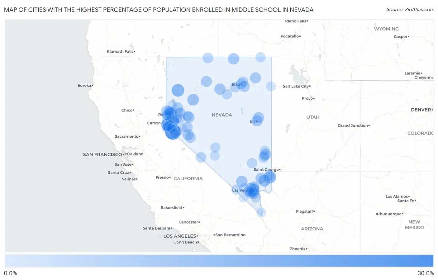 Cities with the Highest Percentage of Population Enrolled in Middle School in Nevada Map