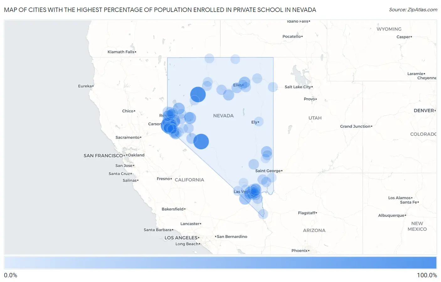 Cities with the Highest Percentage of Population Enrolled in Private School in Nevada Map