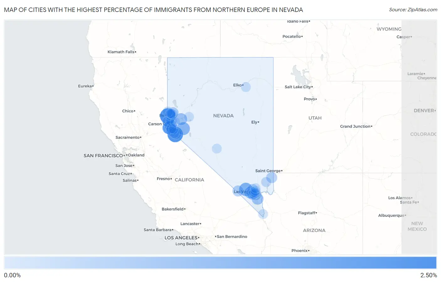 Cities with the Highest Percentage of Immigrants from Northern Europe in Nevada Map