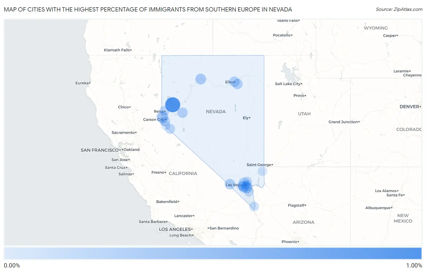 Cities with the Highest Percentage of Immigrants from Southern Europe in Nevada Map