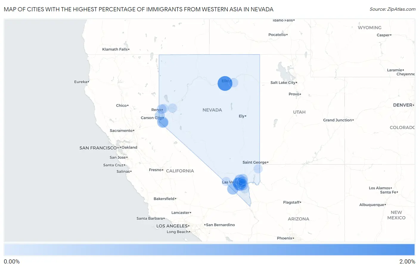 Cities with the Highest Percentage of Immigrants from Western Asia in Nevada Map
