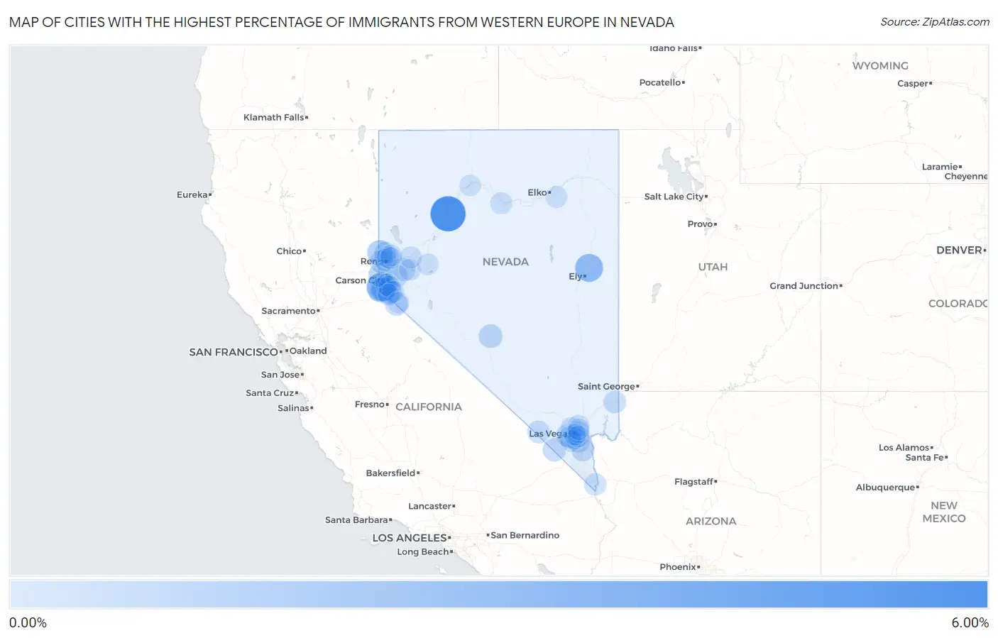 Cities with the Highest Percentage of Immigrants from Western Europe in Nevada Map
