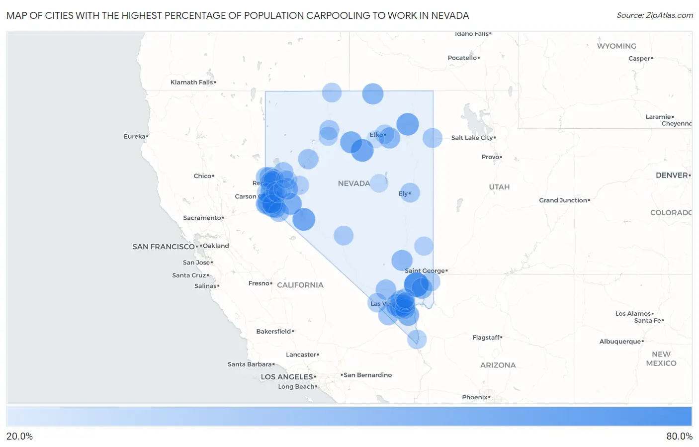 Cities with the Highest Percentage of Population Carpooling to Work in Nevada Map
