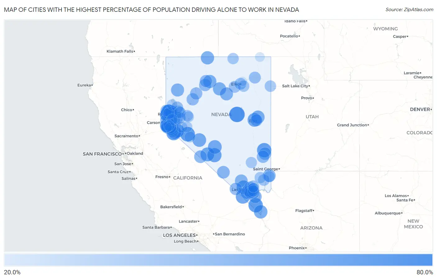 Cities with the Highest Percentage of Population Driving Alone to Work in Nevada Map