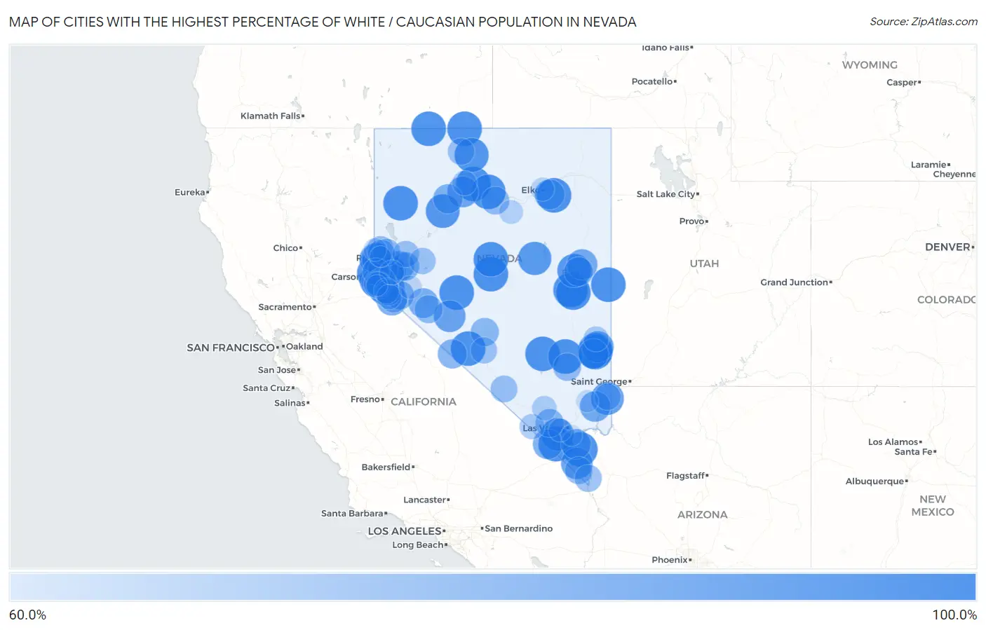 Cities with the Highest Percentage of White / Caucasian Population in Nevada Map