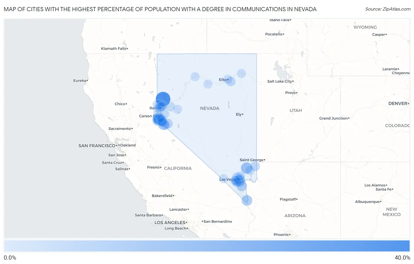 Cities with the Highest Percentage of Population with a Degree in Communications in Nevada Map